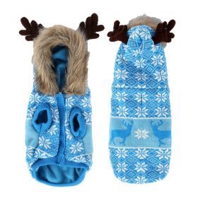 Pet Clothes Thickened Fur Collar Hat Christmas Antlers Snowflake Warm Pet Clothes (Color: Blue)