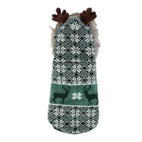 Pet Clothes Thickened Fur Collar Hat Christmas Antlers Snowflake Warm Pet Clothes (Color: Green)