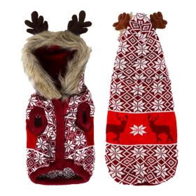 Pet Clothes Thickened Fur Collar Hat Christmas Antlers Snowflake Warm Pet Clothes (Color: Red)